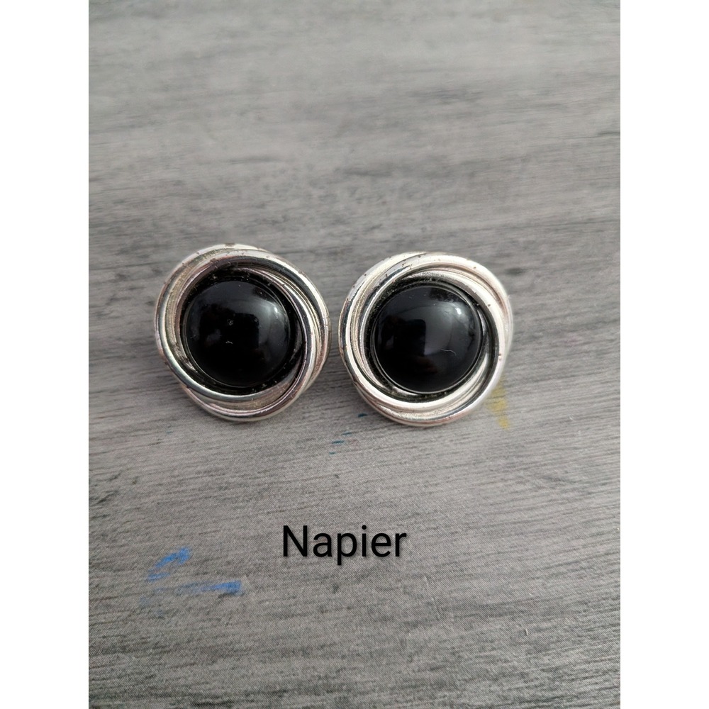 Napier Vintage Silver Tone Black Cabochon Swirl Knot Clip On Earrings